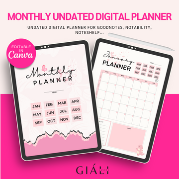 12 Month Undated Digital Planner Template Edit In Canva - Giali Lashes